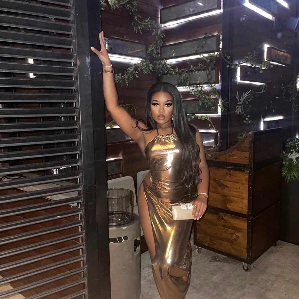 Fashion Nova Cutout Halter Metallic Dress